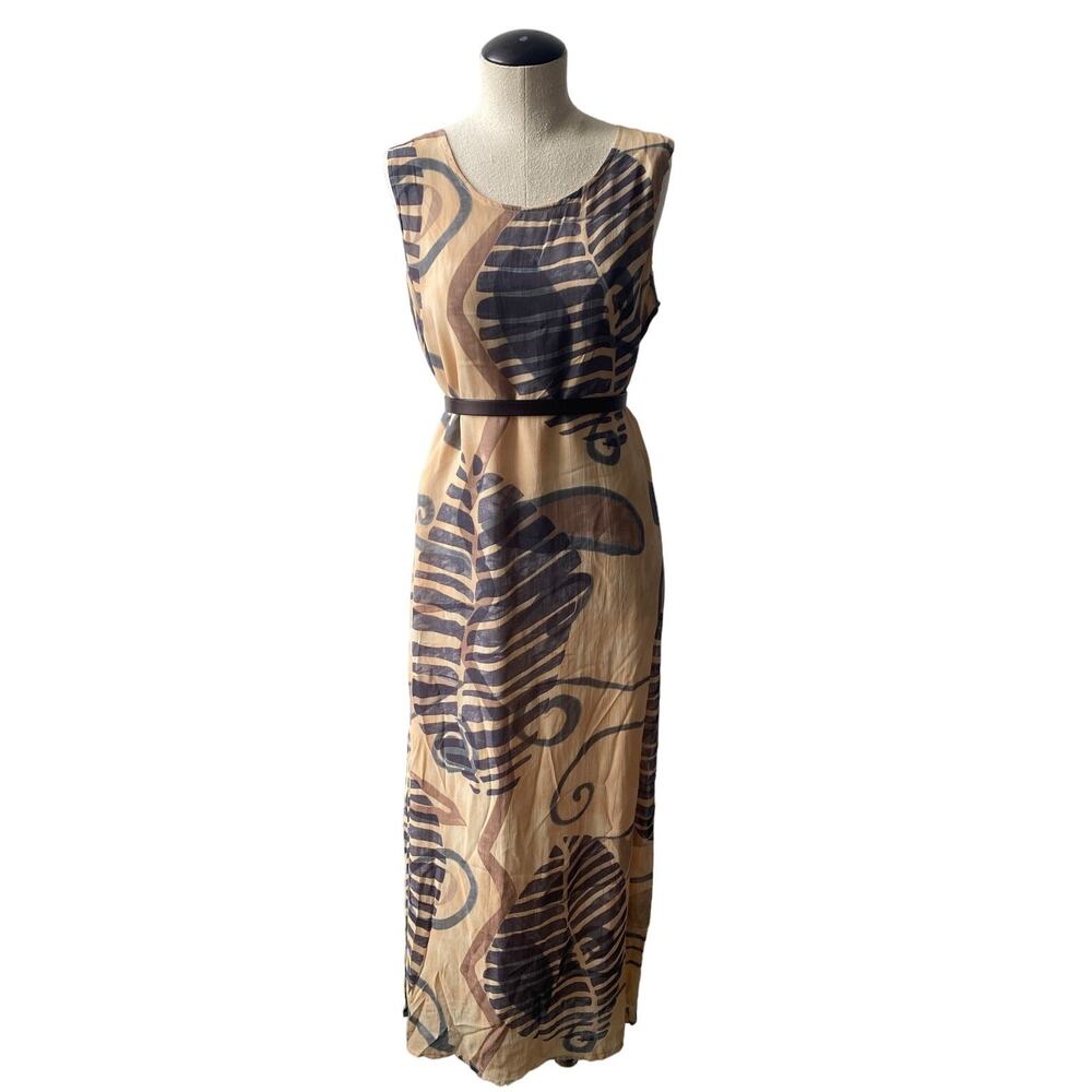 Vintage 90s Maxi Dress Earthy Abstract Tan Brown Gray Boho Beach M
